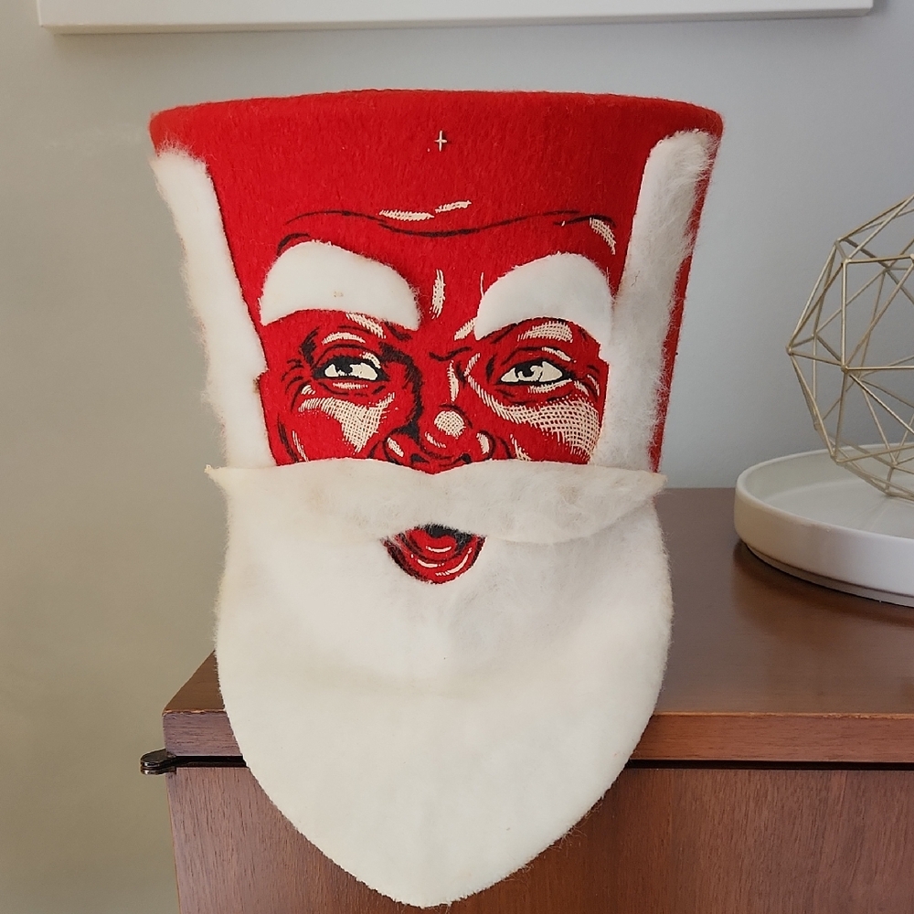 Vintage Santa Claus Face Felt Bucket Container Decoration